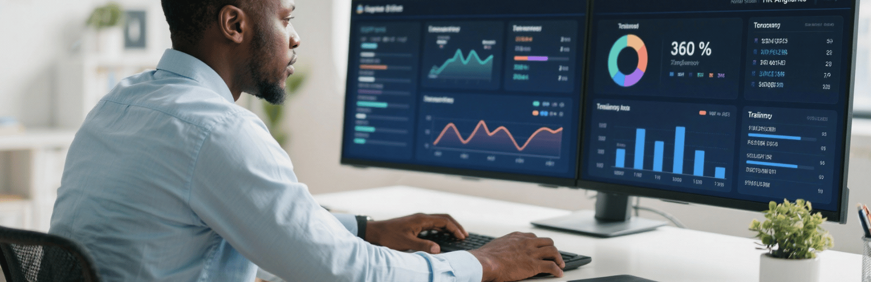 A Nigerian business leader reviewing HR analytics dashboards with turnover and training metrics - Aifa Consulting