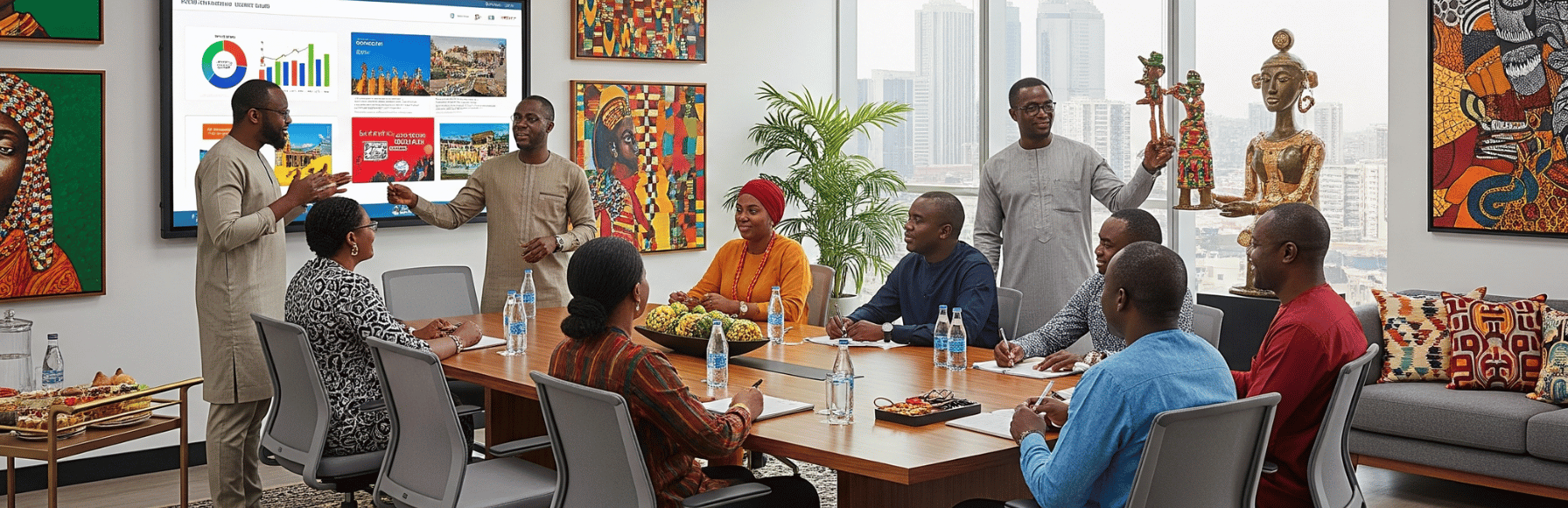 A modern Nigerian boardroom where leaders use storytelling and local art to communicate strategy - Aifa Consulting